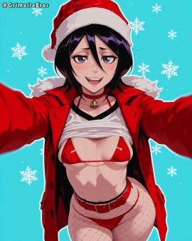 ai_generated bell belt bikini bikini_under_clothes black_hair bleach blue_background blush breasts choker christmas clothes_lift female fishnet_pantyhose fishnets fur_trim grimoireeros hair_between_eyes hat jacket kuchiki_rukia looking_at_viewer navel neck_bell open_clothes open_mouth pantyhose patreon_username purple_eyes red_belt red_bikini red_choker red_headwear santa_bikini santa_hat shirt shirt_lift short_hair small_breasts smile snowflake_background snowflakes solo swimsuit teeth white_shirt
