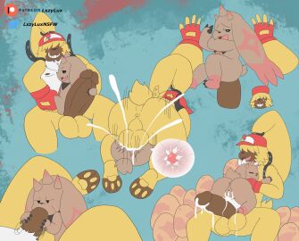 angoramon anthro anus balls bandai_namco big_penis bodily_fluids brown_body brown_fur clothing cum cum_inside digimon digimon_(species) duo erection fellatio female female_penetrated from_front_position fur genital_fluids genitals grin hair hair_over_eyes hat headgear headwear hi_res horn huge_cock impregnation long_ears lopmon lxzylux male male/female male_penetrating male_penetrating_female mating_press monster_boy nipples oral penetration penile penis pussy sex size_difference smile vaginal_penetration yellow_body yellow_fur