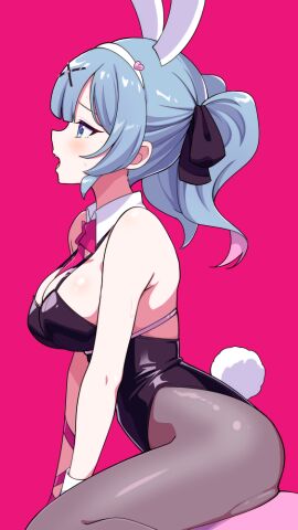 1girls alternate_breast_size animal_ears ass ass_ripple bare_arms bare_shoulders black_bow black_leotard black_pantyhose blue_eyes blue_hair blush bow breasts cowboy_shot detached_collar fake_animal_ears female hair_ornament hairband hairbow hatsune_miku implied_sex large_breasts leotard medium_hair open_mouth pantyhose pink_background playboy_bunny profile rabbit_ears rabbit_hole_(vocaloid) sideboob simple_background sitting solo sweat teeth tongue torinokawori twintails upper_teeth v_arms vocaloid white_hairband x_hair_ornament
