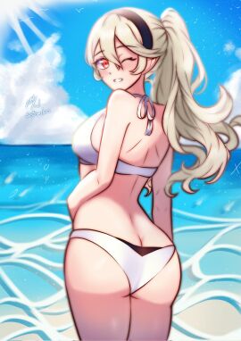1girls :d alternate_costume alternate_hairstyle arms_at_sides ass ass_focus big_ass bikini black_hairband blonde_hair blue_sky caustics cloud corrin_(fire_emblem) corrin_(fire_emblem)_(female) cowboy_shot female female_only fire_emblem fire_emblem_fates from_behind grin hair_between_eyes hairband hand_on_own_stomach highres horizon legs_together looking_at_viewer median_furrow nintendo ocean one_eye_closed open_mouth ponytail red_eyes rotomdocs sidelocks signature sky smile solo swimsuit teeth thighs water white_bikini white_swimsuit