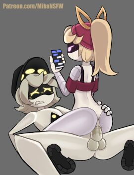 1boy 1girls anus blonde_hair blushing blushing_male clothing dick female glitch_productions grabbing_ass hat lizzy_(murder_drones) male mikansfw murder_drones n_(murder_drones) nude nude_female nude_male penetration penis phone pink_eyes ponytail pussy pussy_juice shoes silver_hair straight straight_sex thrusting thrusting_into_pussy vaginal_penetration wet_penis yellow_eyes