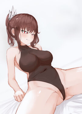 bare_shoulders black_leotard blush breasts brown_hair cameltoe closed_mouth collarbone covered_navel crown female hair_ornament heart heart-shaped_pupils highleg highleg_leotard highres impossible_clothes impossible_leotard large_breasts leotard liz_(nin_fake) nin_fake original partially_visible_vulva ponytail pussy red_eyes short_ponytail sidelocks simple_background sitting smile solo spread_legs symbol-shaped_pupils thighs