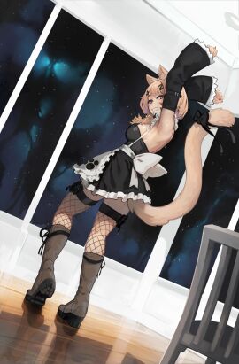 1girls animal_ear_fluff animal_ears apron armpits arms_up bangs bare_shoulders black_dress black_footwear blonde_hair boots bow breasts cat_ears cat_girl cat_tail catgirl cloud detached_sleeves dress face_markings female fishnet_legwear fishnets frills from_side full_body garter_straps hairclip long_hair long_sleeves maid maid_headdress night night_sky paintrfiend ponytail red_eyes ribbon sky solo squchan_(vtuber) standing star_(sky) starry_sky tail thigh_strap thighhighs virtual_youtuber vyugen waist_apron white_apron yellow_eyes