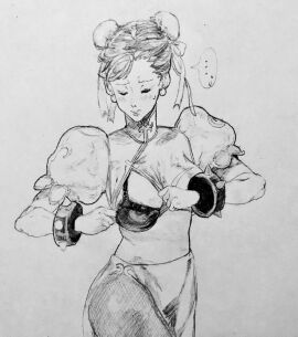 bra breasts capcom chun-li female one_breast_out sketch street_fighter tachibanamori traditional_media_(artwork)