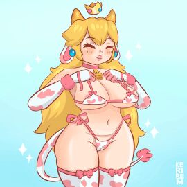 1girls animated areolae bikini blonde_hair bouncing_breasts breasts breasts_out closed_eyes cow_ears cow_horns cow_print cow_tail cowkini earrings female gloves human keribem long_hair mario_(series) nintendo princess_peach super_mario_bros. tail thighhighs
