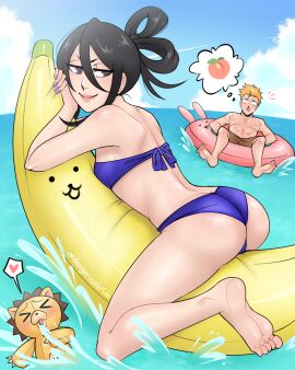 1girls 2boys ass bikini black_eyes black_hair bleach blue_bikini cloud dangerousbride day female highres ichigo_kurosaki kon_(bleach) kuchiki_rukia lipstick makeup male multiple_boys multiple_males nail_polish ocean orange_hair short_hair summer swimsuit tagme
