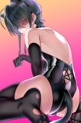 1boy blush bulge cat_ears cat_ears_hairband cat_paw_thighhighs cat_pose cat_tail choker don9ri ear_piercing femboy latex latex_clothing looking_at_viewer looking_back looking_back_at_viewer male mole_on_ass nya_pose otoko_no_ko purple_eyes sitting_on_bulge solo thighhighs trap