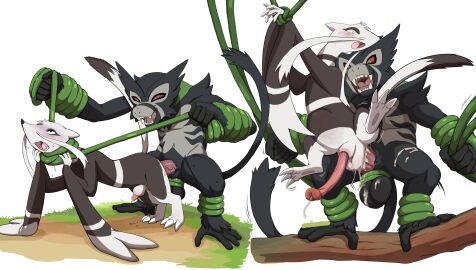 absurd_res animal_genitalia arms_tied asphyxiation ass balls black_body black_fur blush bodily_fluids bound claws cum cum_in_ass cum_inside cumshot dripping drooling duo ejaculation erection feet feral fur generation_5_pokemon generation_8_pokemon genital_fluids genitals haplorhine hi_res legendary_pokemon long_penis male male/male mammal mienshao monkey mustelid musteline nintendo open_mouth penis plant pokemon pokemon_(species) precum precum_drip prehensile_feet primate red_eyes saliva sharp_teeth sheath shebeast tail teeth toe_claws toes true_musteline vine_bondage vines weasel zarude