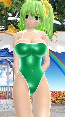 1girls 2024 3d adult_female belly_button blue_eyes blush breasts daiyousei embodiment_of_scarlet_devil fairy fairy_wings female flower_field green_rubber green_swimsuit hati_yukkuri_mmd jpeg light-skinned_female light_green_hair light_skin looking_at_viewer mmd outside rainbow rubber rubber_clothing sky solo_female solo_focus swimsuit touhou wings yellow_flower yellow_ribbon