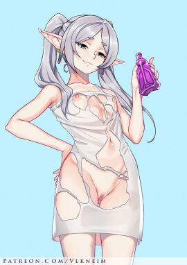 1girls bottle breasts clothing_damage dissolving_clothes dress female female_only flat_chest frieren pussy solo sousou_no_frieren tagme torn_clothes torn_dress twintails vekneim white_hair