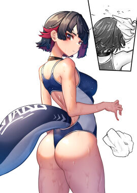 1girls absurdres alternate_costume ass black_hair breasts closed_mouth colored_inner_hair commentary_request competition_swimsuit ellen_joe female fins fish_tail from_behind highres looking_at_viewer looking_back medium_breasts multicolored_hair nicchi one-piece_swimsuit red_eyes red_hair shark_girl shark_tail short_hair simple_background swimsuit tail wet wet_clothes wet_swimsuit white_background zenless_zone_zero