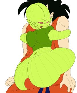 2boys ass bald big_ass black_hair bulge bulge_through_clothing dragon_ball_z gay green_skin krendel male male_only png saibaman smaller_male what yamcha yaoi