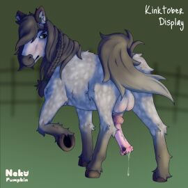1:1 absurd_res animal animal_genitalia animal_penis ass balls blush bodily_fluids braided_hair equid equine equine_genitalia equine_penis feral fur fur_markings genital_fluids genitals green_eyes grey_body grey_hair hair hi_res hooves horse looking_at_viewer looking_back male mammal markings nekopumpkin penis precum presenting rear_view solo_male