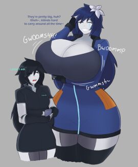2girls angela_(magnaprospekt) annoyed annoyed_expression arm_under_breasts ass black_hair blue_clothing blue_hair breasts breasts_bigger_than_head cleavage closed_eyes female fingerless_gloves flower_in_hair grey_background grey_skin grinning height_difference holding_breast holding_breasts_up holding_object huge_ass huge_breasts jiggling_breasts long_hair magnaprospekt massive_breasts onomatopoeia robot_girl solid_color_background talking talking_to_another taller_female text
