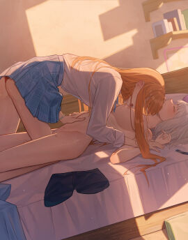 1futa 1girls absurdres ass bangs blonde_hair blue_skirt blush breasts bulge chain_bracelet chains closed_eyes clothed clothing duo erection erection_under_clothes female female_pubic_hair fully_clothed futa_with_female futanari gakuen_idolmaster grey_hair hand_under_clothes hand_under_skirt hatsuboshi_gakuen_school_uniform highres human idolmaster imminent_breast_sucking indoors intersex katsuragi_lilja kneeling light-skinned_female light-skinned_futa light_skin long_hair lying medium_breasts multiple_females multiple_girls nipples nude on_back on_bed orange_hair panties penis penis_grab pleated_skirt pubic_hair pussy pussy_juice red_panties riri_(mdgv5324) school_uniform shirt shirt_tucked_in shiun_sumika shorts skirt underwear unworn_shorts white_hair white_shirt