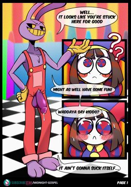 absurd_res anthro balls blush bodily_fluids clothing cum cum_drip digital_media_(artwork) dripping duo english_text female fool's_hat genital_fluids genitals glitch_productions gloves hair handwear hat headgear headwear hi_res human jax_(tadc) jax_(the_amazing_digital_circus) lagomorph leporid male male/female mammal midnightgospel penis pleading_eyes pomni_(tadc) pomni_(the_amazing_digital_circus) precum rabbit size_difference text the_amazing_digital_circus