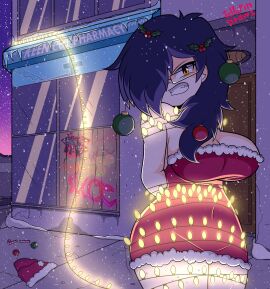 angry blue_hair breasts christmas_lights christmas_outfit doctor_lingfor female glasses jellopindrawz large_breasts snow tagme