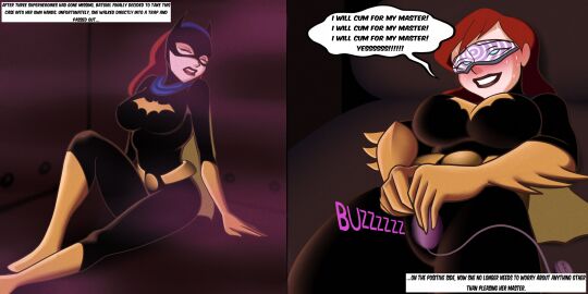 barbara_gordon batgirl batgirl_(barbara_gordon) batman_(series) belt big_breasts blue_eyes blush blushing_female boots breasts cape closed_eyes comic costume defeated defeated_heroine deltathelion dialogue english english_text eyes_rolling_back gas heroine heroine_in_trouble hypnosis hypnotic_gas hypnotic_visor knocked_out large_breasts lipstick makeup mask masked masked_female mind_break mind_control nipple_bulge onomatopoeia panels red_lipstick speech_bubble sweat sweatdrop sweating sweaty_face text vibrator vibrator_on_pussy visor visor_(eyewear)