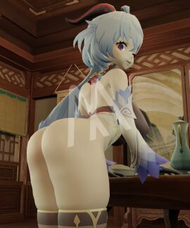 3d ass ass_focus blender blue_hair breasts butt_focus complex_background female female_only ganyu_(genshin_impact) genshin_impact goat_girl goat_horns hands_on_table horns hoyoverse indoor indoors mihoyo sleeves table the_michael watermark