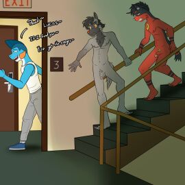 1:1 2024 5_fingers 5_toes anthro balls biped black_body black_fur black_hair blonde_pubes blue_body blue_clothing blue_footwear blue_shoes blue_skin bottomwear chest_tuft circumcised clenched_teeth clothed clothing dialogue door doorknob doorway embarrassed english_text exit_sign exposed facial_markings feet fin fingers flaccid footwear foreskin front_view fully_clothed fur fur_markings fuze gao_(fuze) generation_3_pokemon generation_7_pokemon genitals glans grey_balls grey_body grey_bottomwear grey_clothing grey_foreskin grey_fur grey_pants grey_penis grey_pubes grey_tail group hair head_fin head_markings hi_res hide_and_seek hiding hotel humanoid_genitalia humanoid_penis inside long_pants lucas_(fuze) male male/male markings marshtomp mask_(marking) navel nintendo nipples nude open_mouth orange_eyes orange_nose orange_pubes pants pawl_(fuze) penis pink_glans plantigrade pokemon pokemon_(species) pokemorph poochyena pubes railing red_balls red_body red_fur red_nipples red_penis red_tail shadow shirt shoes short_sleeves side_view stairs standing tail teeth text tilde_after_text toes tongue topwear torracat trio tuft uncircumcised white_clothing white_nose white_shirt white_topwear yellow_sclera