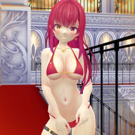 1girls 2023 3d belly_button bikini cleavage earrings female hati_yukkuri_mmd heterochromia hololive hololive_fantasy hololive_japan houshou_marine human indoors inside legwear light-skinned_female light_skin long-haired_female looking_at_viewer mikumikudance mmd necklace pirate red-haired_female red_bikini solo_female solo_focus swimsuit virtual_youtuber