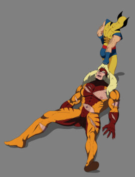 balls bara body_hair bulge costume facial_hair flaccid james_howlett lucianogiordanoart male male_only marvel marvel_comics muscles muscular penis ripped_clothing sabretooth victor_creed wolverine_(x-men) x-men yaoi