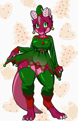 absurd_res bell belly belt camel_toe christmas christmas_clothing claws clothing cookie elf_costume female festive_winter food fuzzycogs green_eyes green_outfit hat headgear headwear hi_res holidays horn kobold legwear magenta_body panties pupils scalie slit_pupils solo squish stockings tail thick_thighs thigh_squish translucent translucent_clothing underwear wide_hips