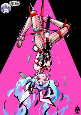 ahoge animal_ears arms_behind_back artist_logo artist_name banknote black_background black_leotard blue_eyes blue_hair bondage bound bow bowtie clitoral_stimulation clitoris clothing_cutout commentary consent_sticker cutout_above_navel english_commentary explicitly_stated_consent fake_animal_ears fake_tail female fishnet_pantyhose fishnets hair_ornament hairband hatsune_miku heart heart-shaped_pupils heart_ahoge heart_cutout highleg highleg_leotard highres hitachi_magic_wand leotard money necktie pantyhose pink_background pink_bow pink_bowtie pink_necktie pink_pupils pink_theme playboy_bunny pussy pussy_juice rabbit_ears rabbit_hair_ornament rabbit_hole_(vocaloid) rabbit_tail red_ribbon restrained ribbon rolling_eyes sex_toy shibari_over_clothes smile solo spaghetti_strap speech_bubble spoken_heart suspension symbol-shaped_pupils tail teardrop twintails uncensored upside-down vibrator vocaloid white_hairband x_hair_ornament yeougui