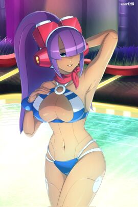 1girls big_breasts bikini blue_swimsuit breasts female green_eyes hair_over_one_eye hand_on_breast hand_on_head jpeg layer mega_man mega_man_x mega_man_x_dive pool purple_hair robarts_hallway robot_girl swimsuit swimsuit_layer_(x_dive) water