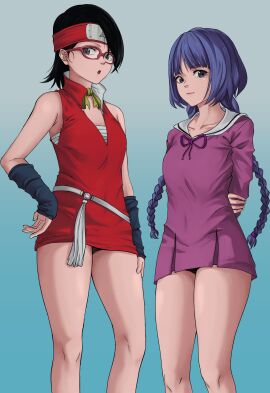 2girls armor arms_behind_back bare_legs black_eyes black_hair blue_hair boruto:_naruto_next_generations breasts cleavage dou dress female female_only glasses hand_on_own_hip highres holding_own_arm japanese_armor kakei_sumire looking_at_viewer low_twintails manasenshou multiple_females multiple_girls naruto naruto_(series) no_panties petite sailor_collar sailor_dress sarada_uchiha short_dress short_hair teenage_female teenager thighs twintails uchiha_sarada