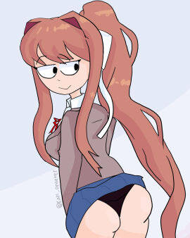 ass big_ass brown_hair doki_doki_literature_club female green_eyes karlometer looking_back monika_(doki_doki_literature_club) panties red_eyes simple_background upskirt white_panties