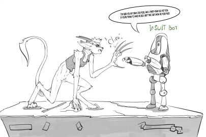 3_toes angry anthro bottomless bottomless_anthro bottomless_female bovid caprine caprine_demon claws clothed clothing demon dialogue digital_media_(artwork) duo earless english_text eyebrowless fallout feet female fingers fur genitals goat goat_demon hair hi_res horn machine mammal microsoft monochrome noseless pussy robot shirt shirt_only simple_background speech_bubble tail tank_top tank_top_only text toes topwear topwear_only zafara_(artist)