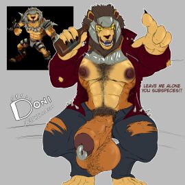 abs absurd_res anthro armor balls beverage body_hair captain_kalus chest_hair claws clothed clothing dialogue donisette drunk ear_piercing fangs felid genital_piercing genitals hairy_balls headgear helmet hi_res jacket lion male mammal mane muscular nipples open_clothing pantherine pecs penis penis_piercing piercing presenting presenting_penis scar sitting solo spikes substance_intoxication teeth topwear