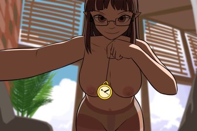animated breasts brown_hair elf_ears female female_only femdom glasses hypnosis hypnotizing_viewer large_breasts live2d looking_at_viewer original panties pantyhose pendulum pocket_watch pov pov_sub sleepymaid submissive_pov topless underwear