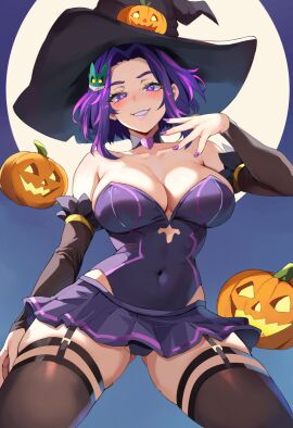 1girls ass_visible_through_thighs big_breasts breasts cleavage female female_only from_below garter_straps halloween halloween_costume hat lady_nagant lainart large_breasts leotard looking_at_viewer looking_down mature mature_female milf my_hero_academia purple-haired_female purple_hair skindentation smile solo thick_thighs thighhighs thighs witch witch_hat