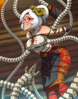 ass big_ass big_breasts big_butt bondage breasts dubious_consent female glasses groping groping_breasts groping_from_behind guardian_(zelda) mechanical_arm mechanical_tentacles purah purah_(tears_of_the_kingdom) red_eyes sheikah shio-bari tears_of_the_kingdom tentacle the_legend_of_zelda white_hair wire wire_bondage