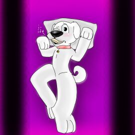 1boy 3_toes anthro anthro_male anthro_only black_nose blush blush_lines blushing brian_griffin collar collar_tag dog family_guy furry gritting_teeth ida_davis laying_down laying_on_back long_legs loser.2 male male_anthro male_only nervous nervous_male on_bed one_eye_closed pillow poorly_drawn purple_background red_collar shiny_nose tagme_(artist) tail text thin_body thin_male thin_waist unknown_artist white_body white_fur yellow_teeth