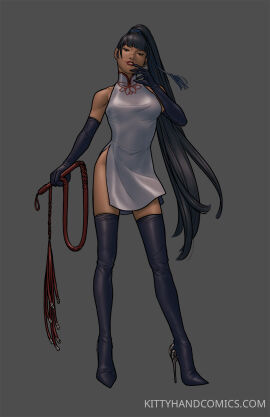 1girls black_boots black_elbow_gloves boots cat_o'_nine_tails chinese_dress chinese_female clothed clothed_female dominant_female dominatrix elbow_gloves female female_only femdom gloves heels high_heel_boots high_heels kittyhand kittyhandcomics long_hair mei-xing_(kittyhand) missing_in_shanghai_(kittyhand) no_panties simple_background solo stiletto_heels thigh_boots thighhigh_boots whip