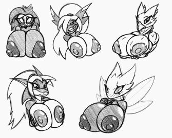 2024 anthro areola avian beak big_breasts blush breasts clenched_teeth collar dragon-heart eagle_talon eyebrows eyelashes female fingers group hand_on_breast helluva_boss hi_res hollow_knight jewelry mouth_closed nipples octavia_(helluva_boss) open_mouth open_smile pupils smile team_cherry teeth white_sclera widow wings