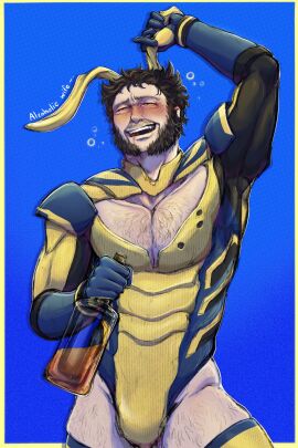1boy adapted_costume alcohol baimonbluewhale blush brown_hair bulge chest_hair deadpool_&_wolverine_(2024) drunk flaccid gay holding_bottle james_howlett large_pectorals leg_hair male male_focus male_only male_playboy_bunny marvel marvel_comics pectorals penis rabbit_ears short_hair smile solo superhero_costume wolverine_(x-men) x-men