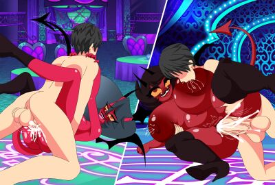 1boy 2girls anon anonymous_male black_hair breast_grab breast_squeeze breast_sucking breasts cum cum_in_pussy cum_inside curvaceous curvy curvy_female curvy_figure dark_skin demon demon_girl demon_horns demon_tail female grabbing grabbing_from_behind hellaverse helluva_boss huge_ass huge_breasts human human_on_humanoid kiki_(helluva_boss) lactating lactation larger_male larger_male_smaller_female male mating_press milky_(helluva_boss) pink_skin pussy self_upload short_hair shortstack smaller_female squeezing_breast succubus succubus_horns succubus_tail succubus_wings sucking_breasts sucking_nipples thick_thighs xml_xrossover_(artist)