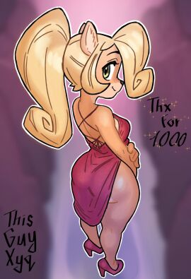activision artist_name artist_signature bottomless bottomless_dress coco_bandicoot crash_(series) dress evening female furry high_heels looking_back ponytail thank_you thisguyxyq