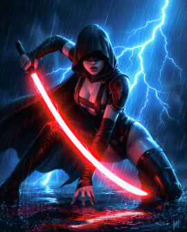 1girls ai_generated female female_focus hi_res high_resolution hires hooded lightning lightsaber lightsaber_hilt looking_at_viewer mask masked masked_female mildlyflirty night night_sky original original_character outdoors outside rain raining red_lightsaber reflection scars sith sith_lady solo star_wars upscaled wet wet_body