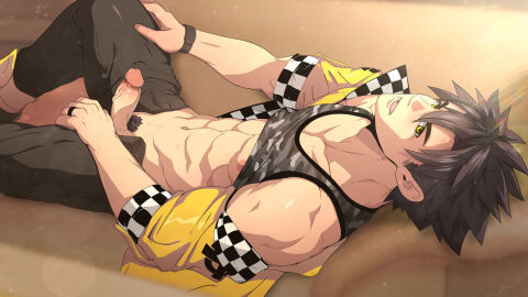 1boy black_hair blackmonkey_pro blush erect_nipples erect_penis erection male male_focus male_only male_pov mazjojo muscles muscular muscular_male nipples open_mouth pecs pectorals penis pink_nipples pubic_hair solo solo_focus solo_male veiny_penis yaoi yellow_eyes young younger_male