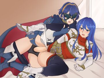 2girls alternate_hairstyle ancestor_and_descendant armor ass_visible_through_thighs bare_thighs bed bellfonts blue_eyes blue_hair blush boots breasts caeda_(fire_emblem) cape clothed_sex female female_only fire_emblem fire_emblem:_mystery_of_the_emblem fire_emblem:_shadow_dragon_and_the_blade_of_light fire_emblem_awakening incest indoors large_breasts leg_grab leg_up long_hair lucina_(fire_emblem) marth_(fire_emblem_awakening) mask multiple_females multiple_girls nintendo official_alternate_hairstyle on_bed on_side open_mouth panties panties_around_leg pants pants_down pussy sex sex_toy spread_legs strap-on strapon symbol-shaped_pupils thighhighs thighs tiara underwear vaginal_penetration white_panties yuri