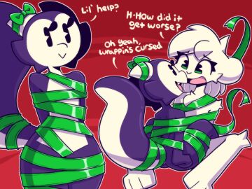 1boy 1girls anthro ass bondage bound_together christmas convenient_censoring evelyn_(whygena) female furry hi_res kobold lizard male male/female mouse nude open_mouth reggie_(whygena) ribbon ribbon_bondage rodent tongue whygena