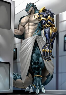 2024 4_toes abdominal_scar abs anthro biceps black_body black_scales chest_scar claws countershading crocodile crocodilian crocodylid cybernetic_arm cybernetic_limb eyebrow_stud feet gold_(metal) gold_tooth green_body green_scales head_spines hi_res low-angle_view male muscles muscular muscular_anthro muscular_male obliques reptile ryuichi_arasaka saft scales scalie scar sharp_teeth shower solo stud_piercing tan_body tan_countershading tan_scales teeth toe_claws toes towel_around_waist vein veiny_muscles yellow_sclera