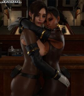 2girls 3d 3d_(artwork) bodystocking bodysuit breasts brown-haired_female brown_hair chocolate_and_vanilla claire_redfield crotchless crotchless_bodysuit dark-skinned_female dark_skin detached_sleeves earrings female female_focus female_only gloves kazehiro looking_at_viewer multiple_females multiple_girls nipple_piercing nipples pose resident_evil resident_evil_2 resident_evil_2_remake resident_evil_5 sdpo seductive_look sheva_alomar standing tagme tagme_(character) tight_clothing uniform white_gloves