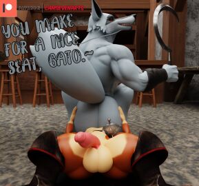 3d anthro arm_wrapping arm_wraps ass ass_grab balls bar big_dom_small_sub boots butt_grab camseven canid canine canis cheek_tuft clothing counter death_(puss_in_boots) death_(valorlynz) dialogue digital_media_(artwork) domestic_cat dominant dreamworks duo facesitting facial_markings facial_tuft felid feline felis footwear fur furniture fuzzy genitals grey_body grey_fur grin hand_on_ass hand_on_butt head_markings hi_res holding_object holding_weapon humanoid_genitalia humanoid_penis looking_back lying male male/male mammal markings mask_(marking) melee_weapon mostly_nude muscular muscular_anthro muscular_male nude on_back on_top open_mouth orange_body orange_fur penis puss puss_in_boots_(dreamworks) puss_in_boots_(film) puss_in_boots_the_last_wish raised_tail rapier red_eyes shrek_(series) sickle sitting_on_another size_difference smile spread_legs spreading stool sword tail tavern text tuft weapon wolf wrapped_arms wraps