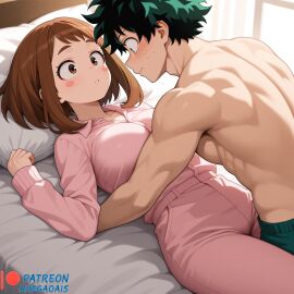 1boy, 1girl, address, ahegao_ai ai_generated another, artist at back, bangs, bed bed, blush blush, boku_no_hero_academia boy breasts, brown closed collarbone, contact, couple, eyes eyes, freckles, green hair, hetero, hug, indoors, izuku, izuku_midoriya large lips, long looking lying, male, messy midoriya mouth, muscular muscular, my_hero_academia name, ochako on pajamas, pants, parted patreon pectorals, pillow, pink sheet, shirt, short shorts, sidelocks, sleeves, stickers, sweatdrop, top, topless uraraka uraraka_ochako username, watermark, web window,